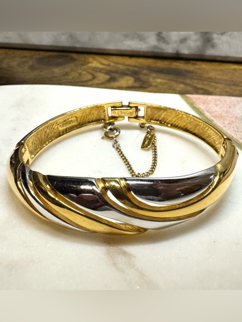 Monet Gold Silver Tone Twisted Bangle Bracelet Safety Chain